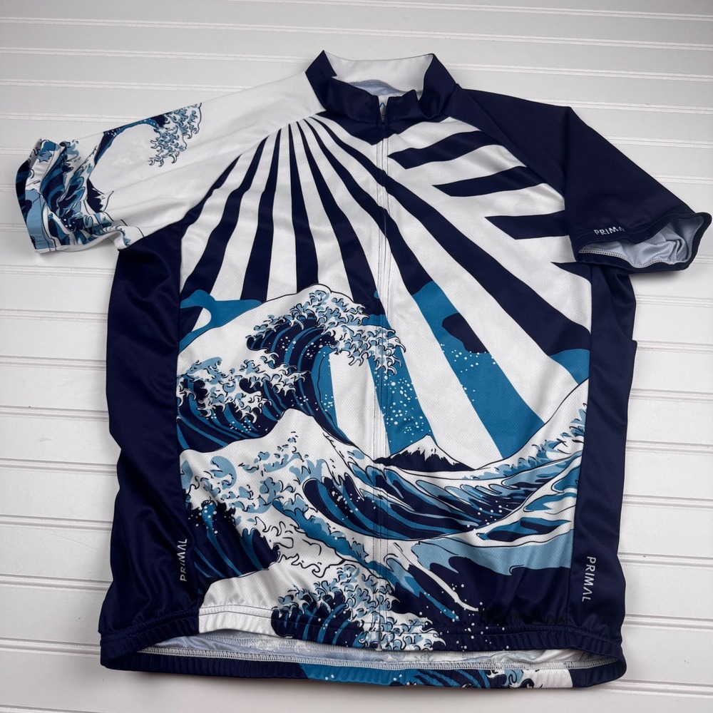 Primal Cycling Jersey Men's Large Full Zip Short Sleeve Ocean Waves Print